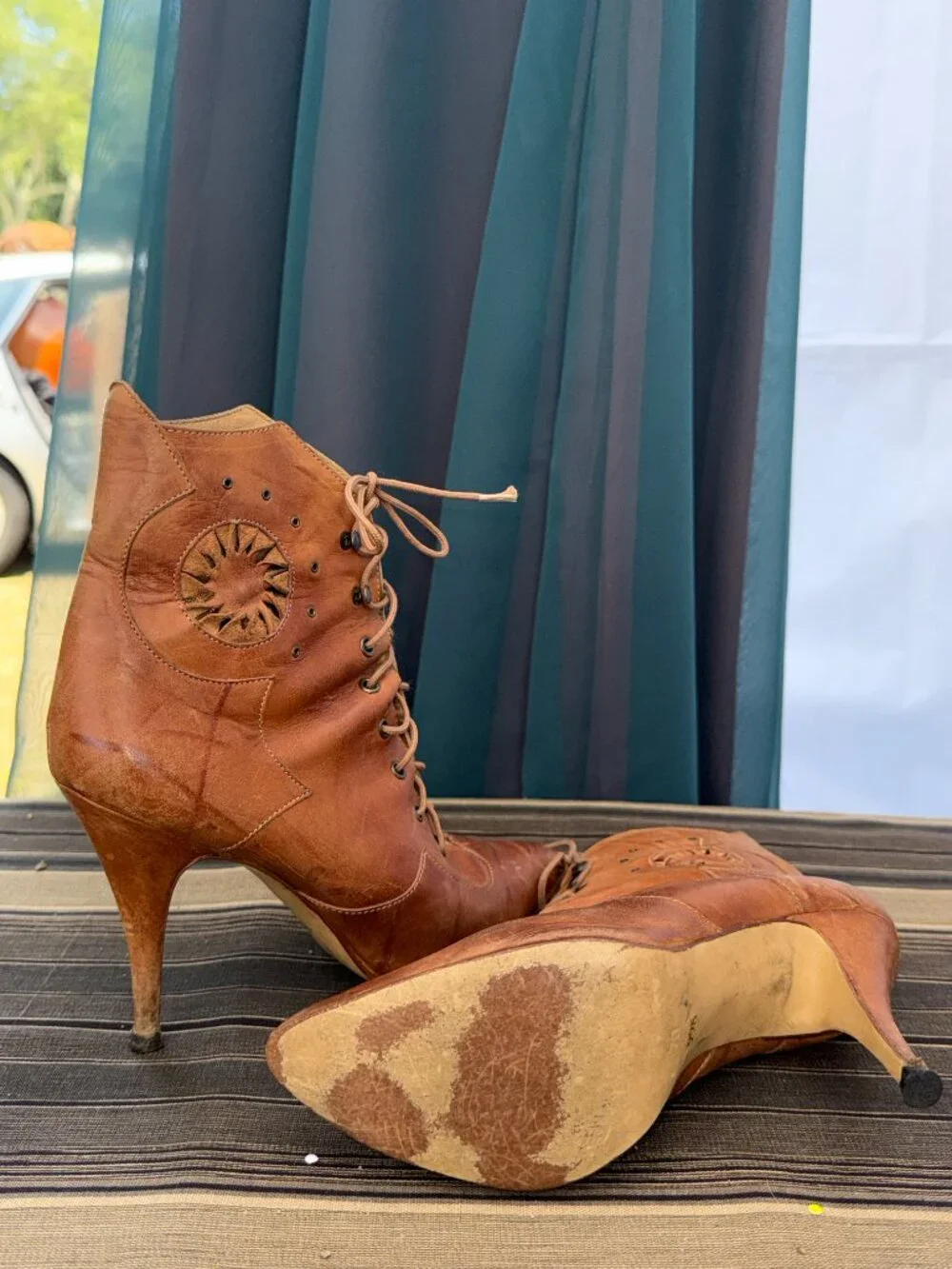 Vintage 80s The Wild Pair Brown Leather Lace Up Sun Cutout Stiletto Boots Size 7